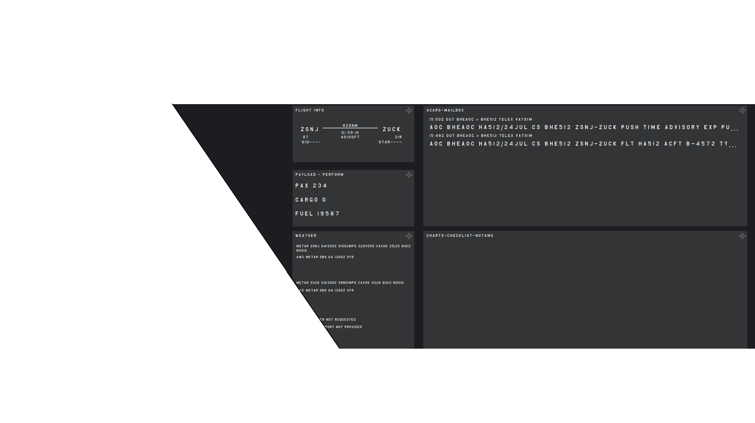vBHE OC 的航班信息、载荷、天气和 ACARS 邮箱界面